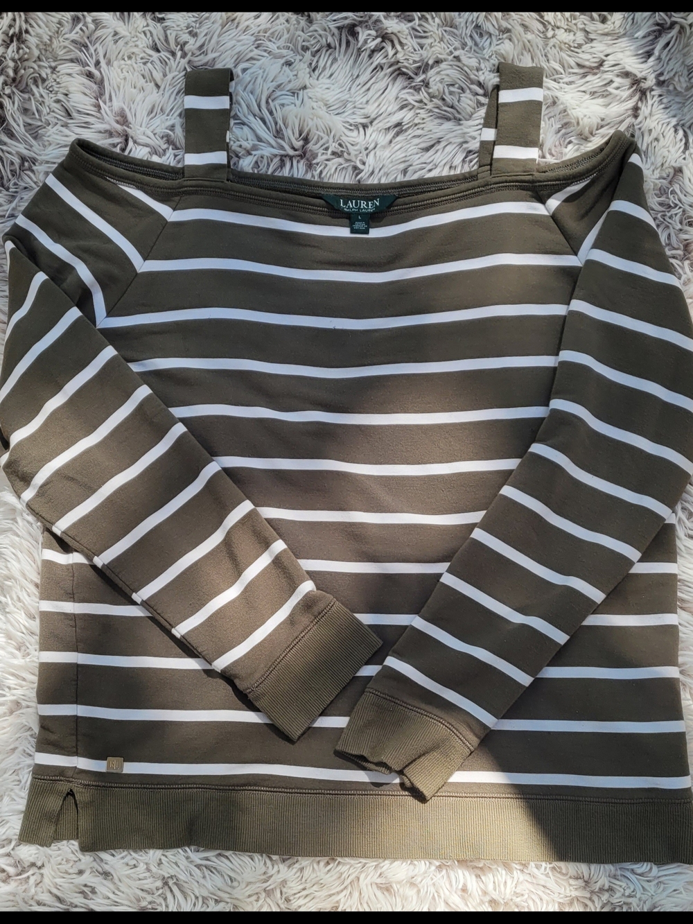 Lauren Ralph Lauren Olive Green & White Striped Off-Shoulder Sweater